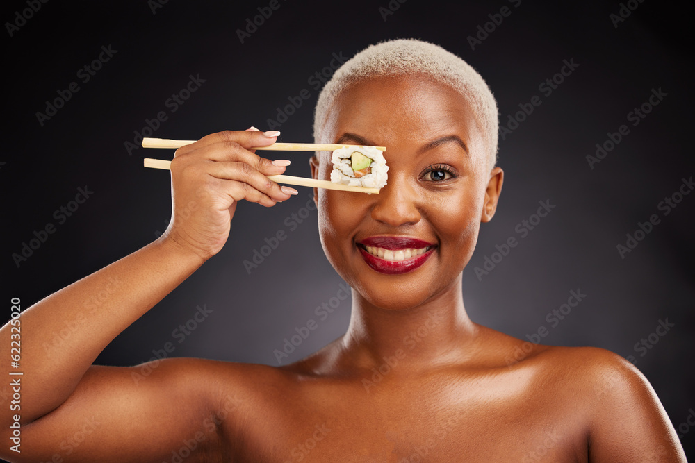 Chopsticks, face and woman with sushi in studio for healthy eating, beauty and food. Portrait of a b