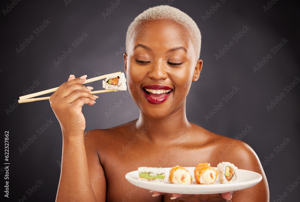 Sushi, happy woman and food with salmon, rice and chopsticks for eating a platter of fish, seafood o