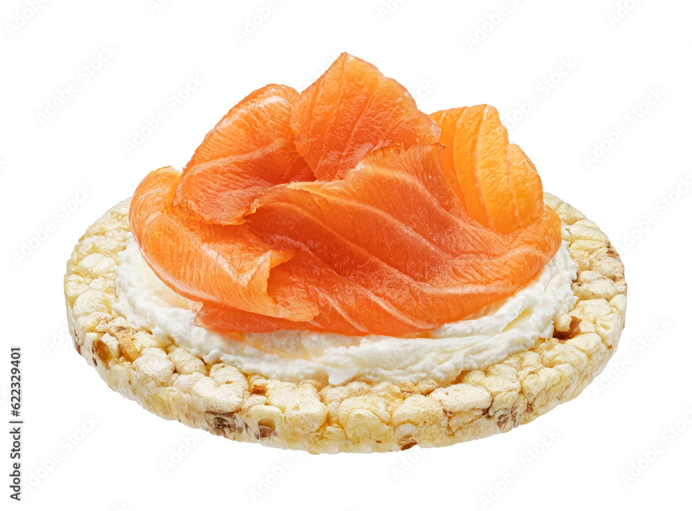 Puffed rice cake with salmon slices isolated on white background