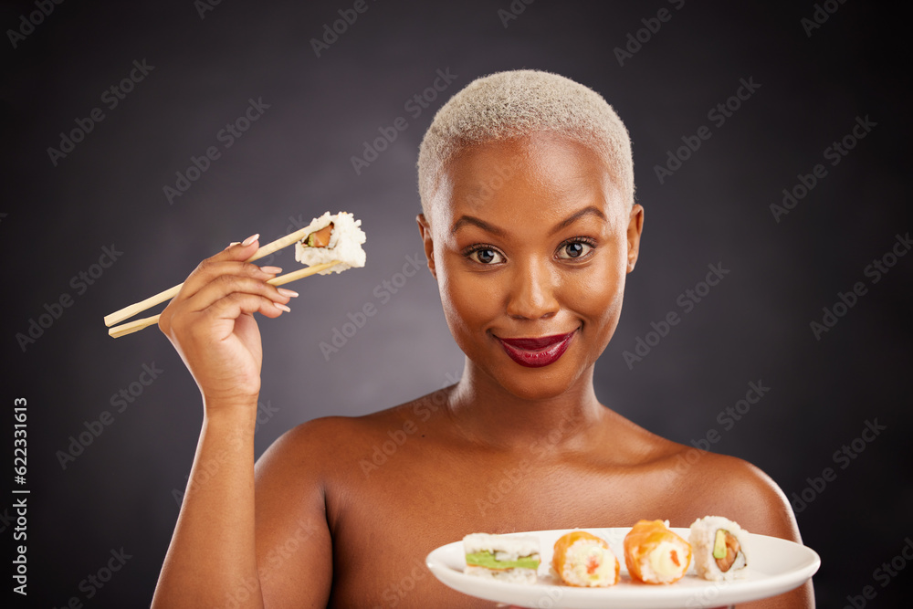 Sushi, Japanese food and portrait of woman with salmon, rice and chopsticks for eating a platter of 