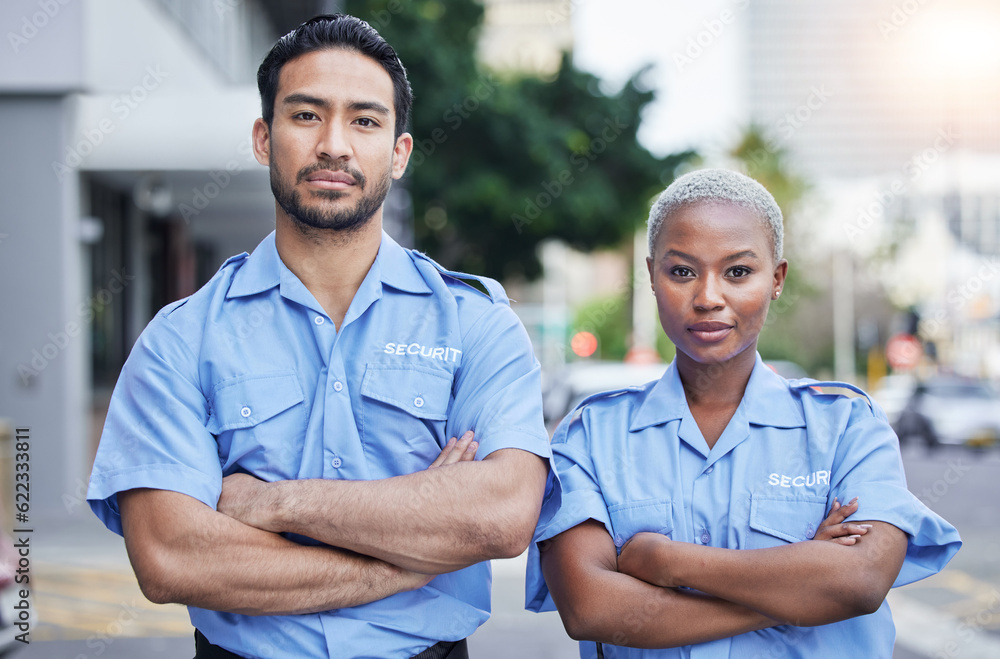 Woman, man and security guard portrait in street, arms crossed or serious with support, safety or te