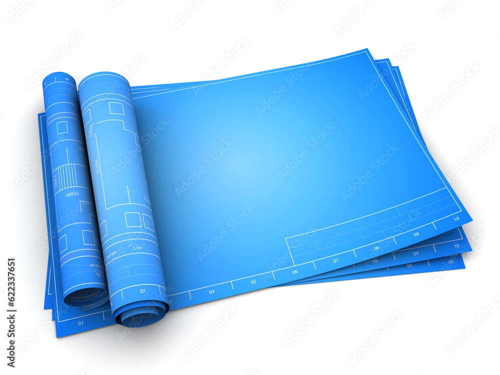 3d illustration of empty blueprints template over white background