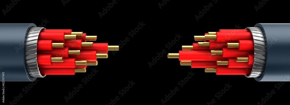 3d illustration of two cables connection over black background