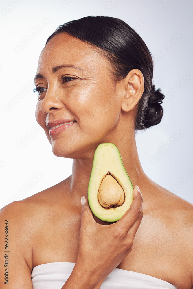 Avocado, skincare or happy mature woman with fruit for cleaning, detox or healthy skin with beauty. 