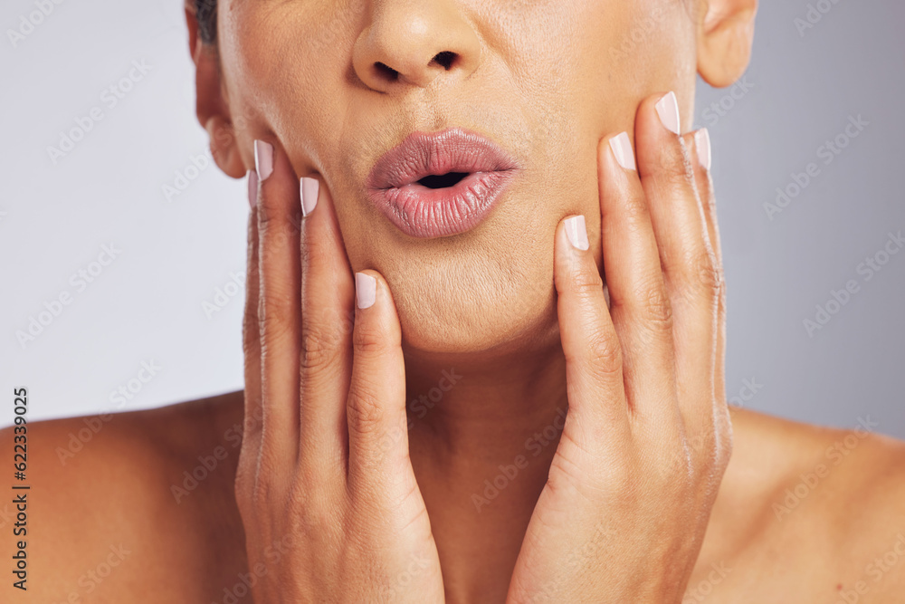 Lips, pouting or hands of a woman for skincare, beauty or dermatology wellness. Mouth, anti aging an