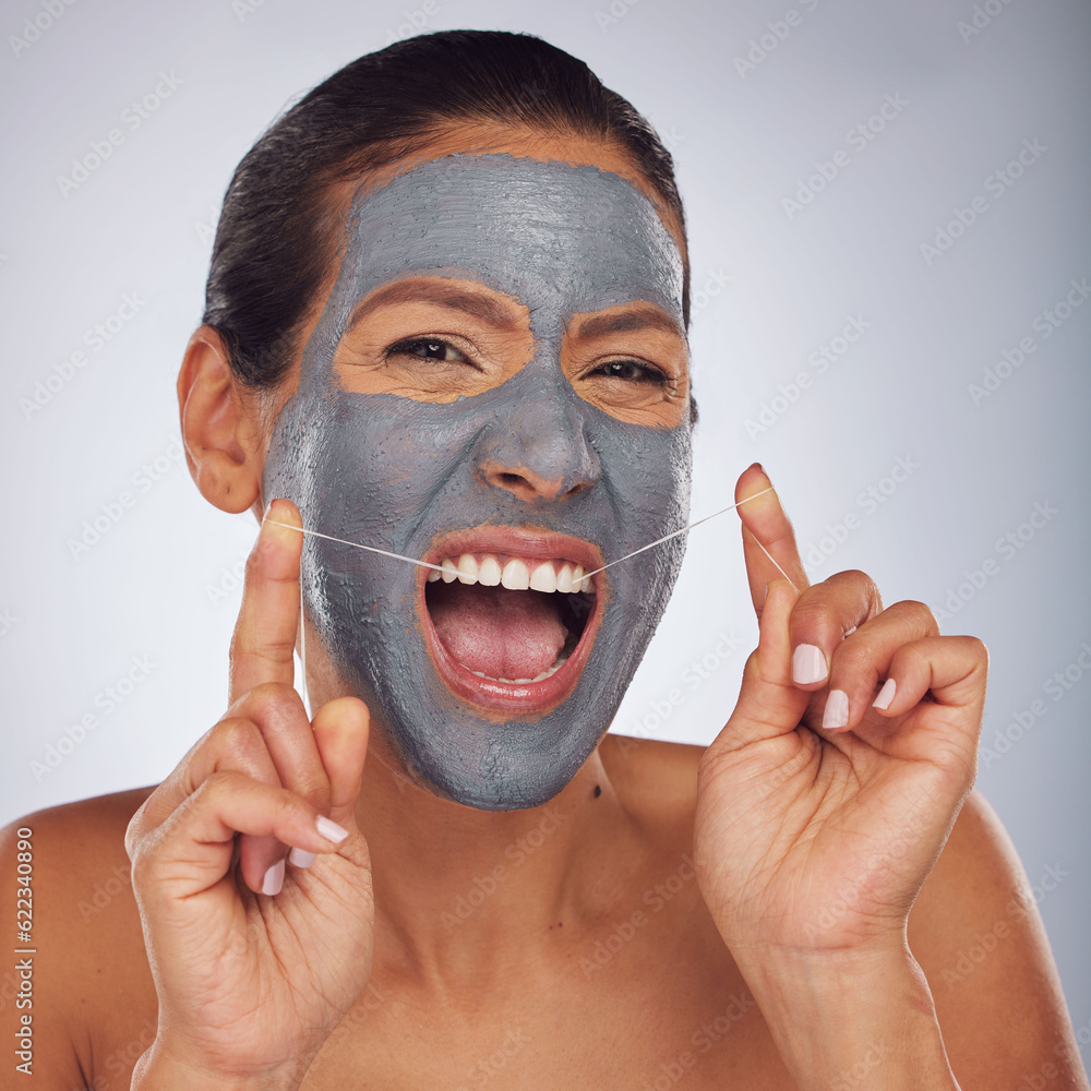 Beauty, face mask and a woman flossing teeth for skincare, dental hygiene and wellness. Happy, portr