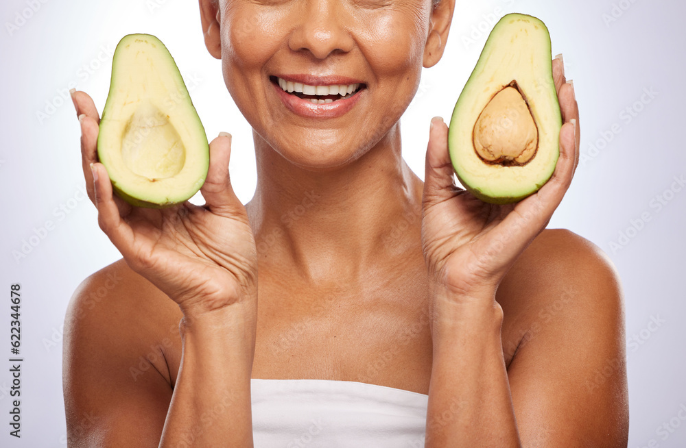 Avocado, skincare or happy woman with fruit for a healthy diet, detox or vitamins with beauty in stu