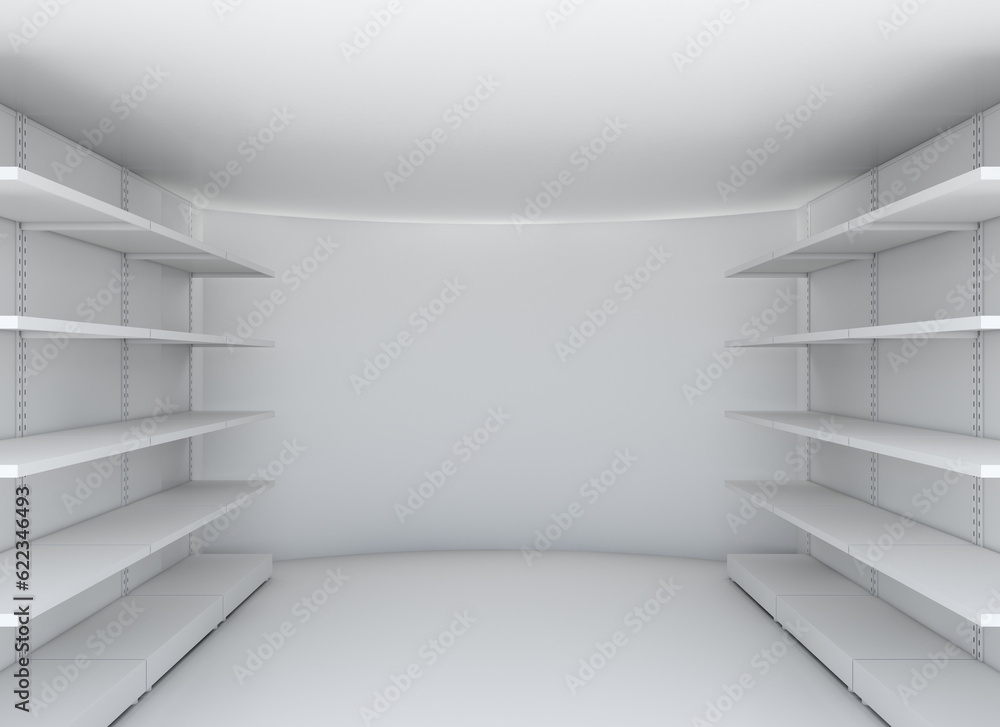 White room with steel shelves. 3D illustration