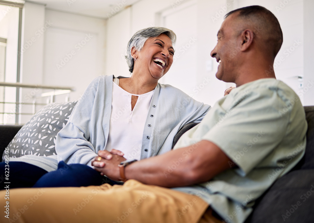 Trust, happiness and laughing elderly couple relax, talk and enjoy funny conversation, care or humou