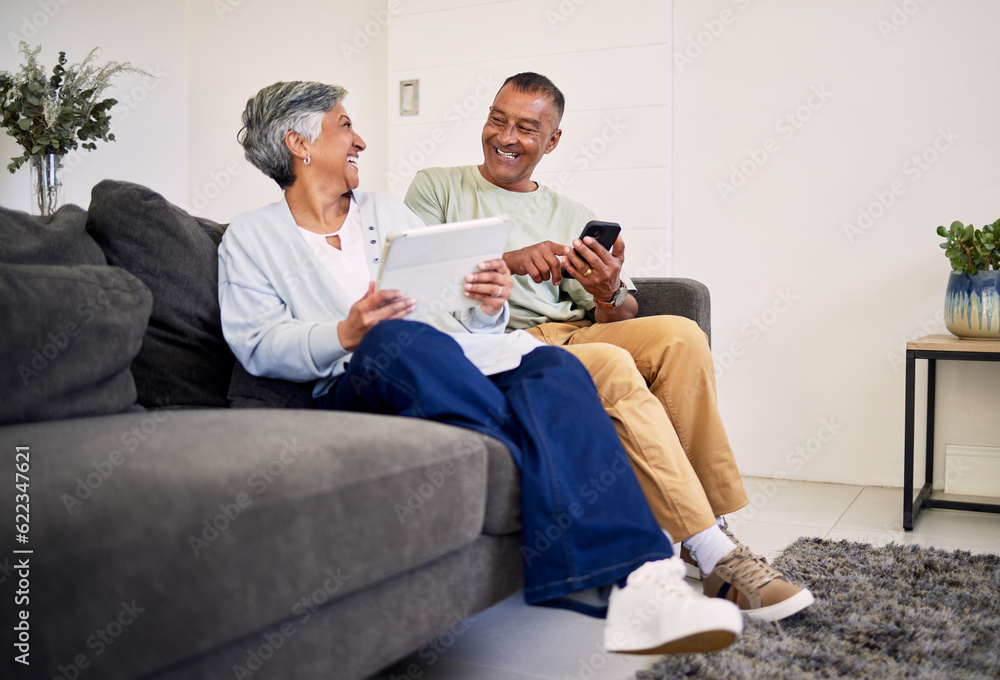 Phone, tablet or senior couple laughing at funny social network meme, conversation or comedy news vi