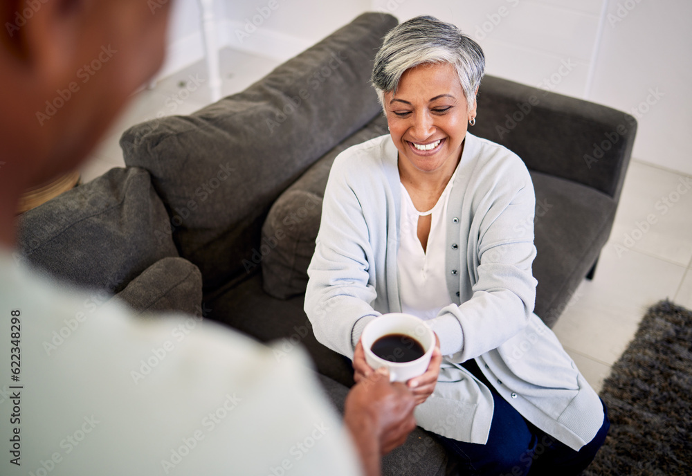 Love, coffee cup and happy senior couple bonding, relax and spending time together, smile and enjoy 