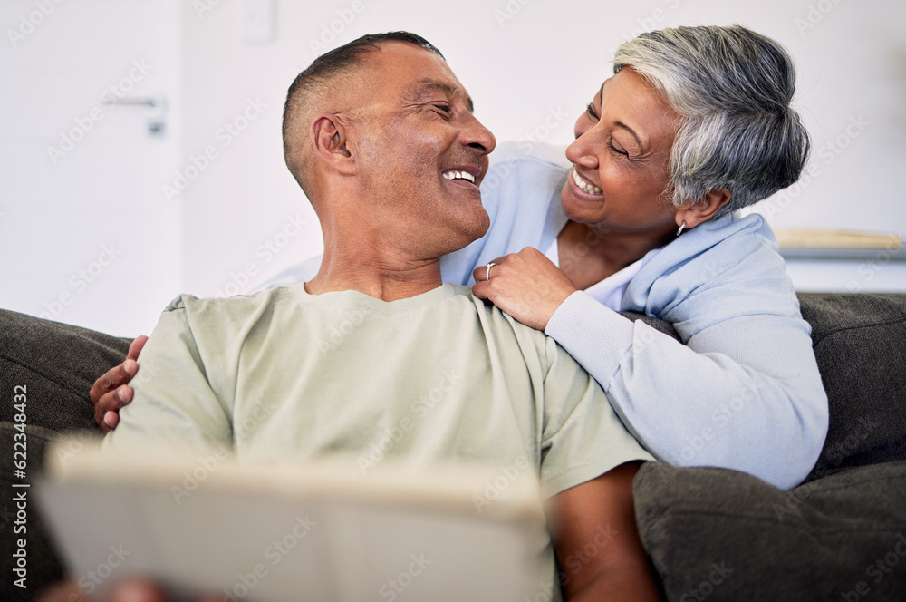 Love, tablet and happy senior couple bonding, relax and check email, news article and enjoy retireme