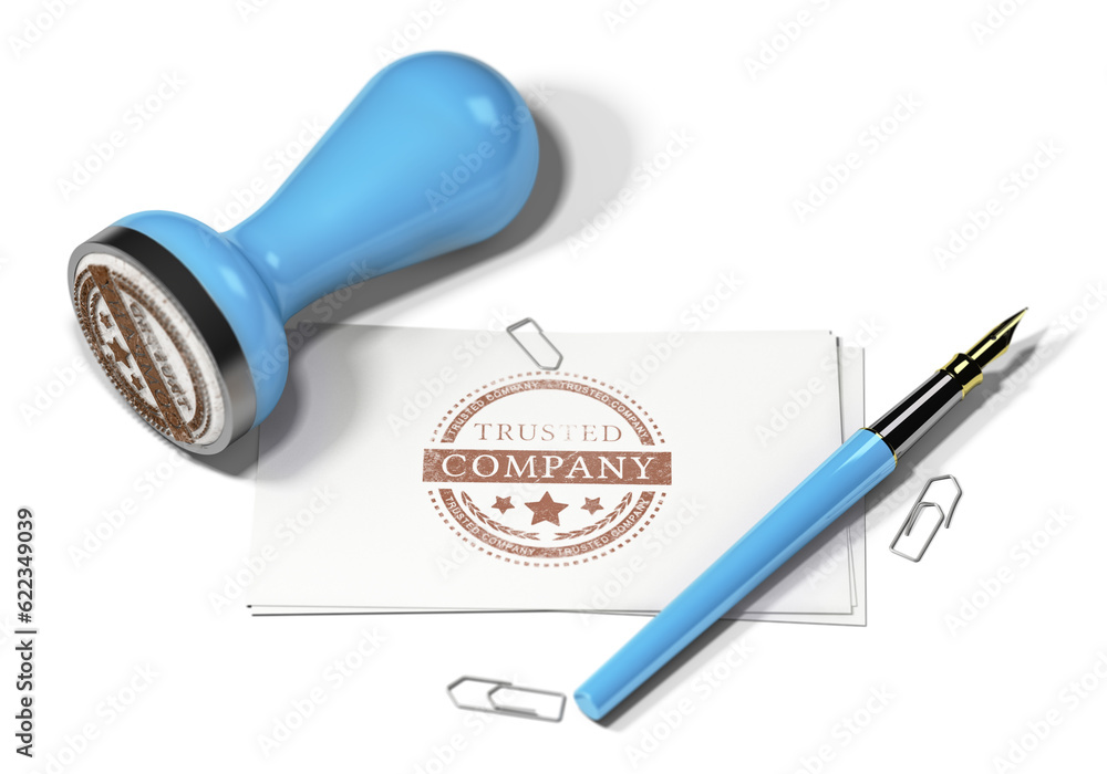 3D illustration of a rubber stamp a fountain pen and business cards with the text trusted company pr