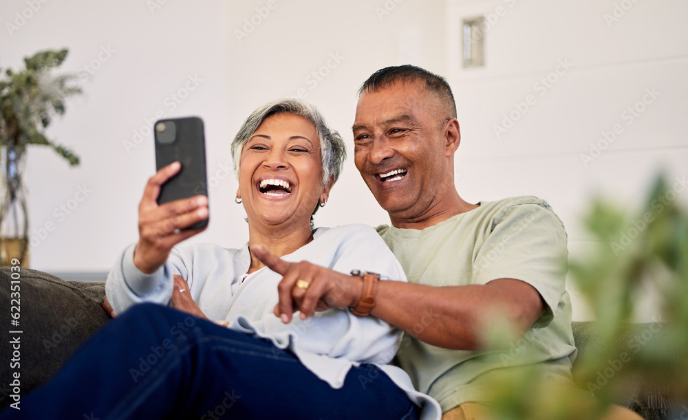 Love, phone and senior couple laughing at funny social media meme, online comic or streaming comedy 