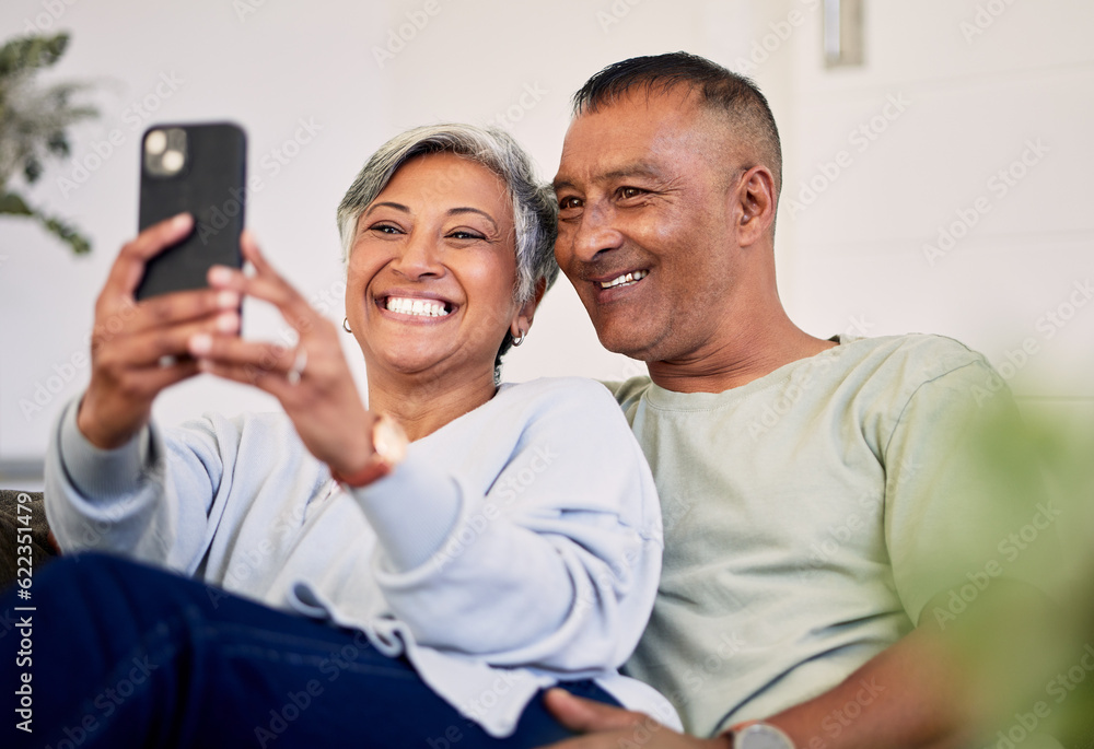 Love, selfie and happy senior couple bonding, relax and post memory picture, smile and enjoy retirem