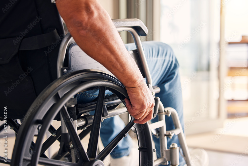 Man, hands and wheelchair for support, hope or travel in healthcare or medicare at home. Closeup of 