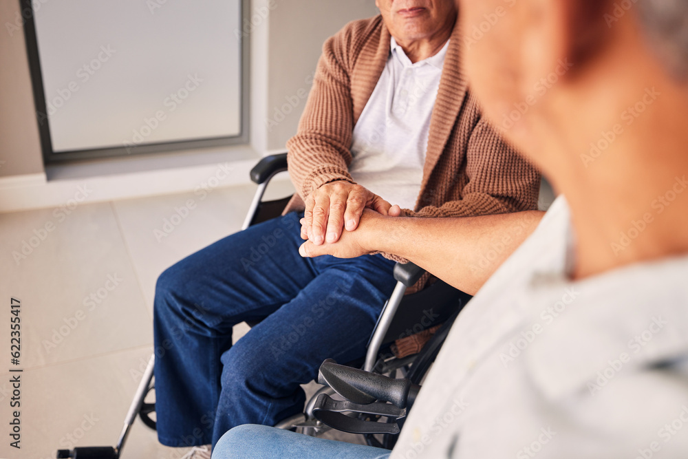 Wheelchair disability, support and elderly people holding hands for support, empathy and senior care