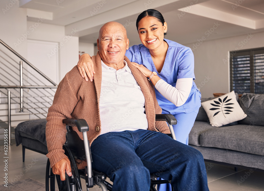 Portrait, nurse and man with disability in wheelchair for medical trust, wellness advice and support