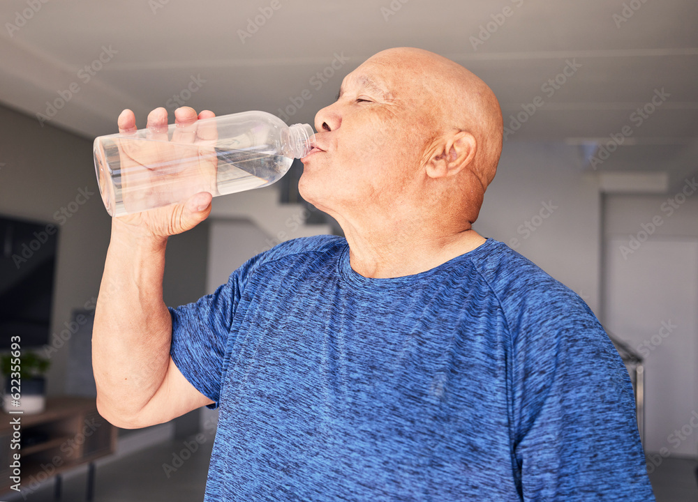 Home, fitness or senior man drinking water for wellness, hydration or exercise recovery in retiremen