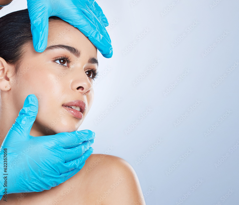 Woman, plastic surgery and gloves on face in studio, check and cosmetics with mockup space by backgr