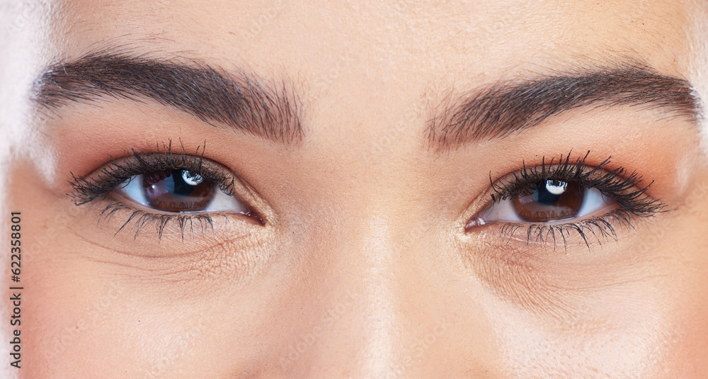 Mascara, eyeshadow and portrait eyes of woman with eyelash extension, makeup results or natural face