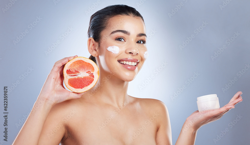 Skincare, face cream and woman with grapefruit in studio for a natural, organic or health facial rou