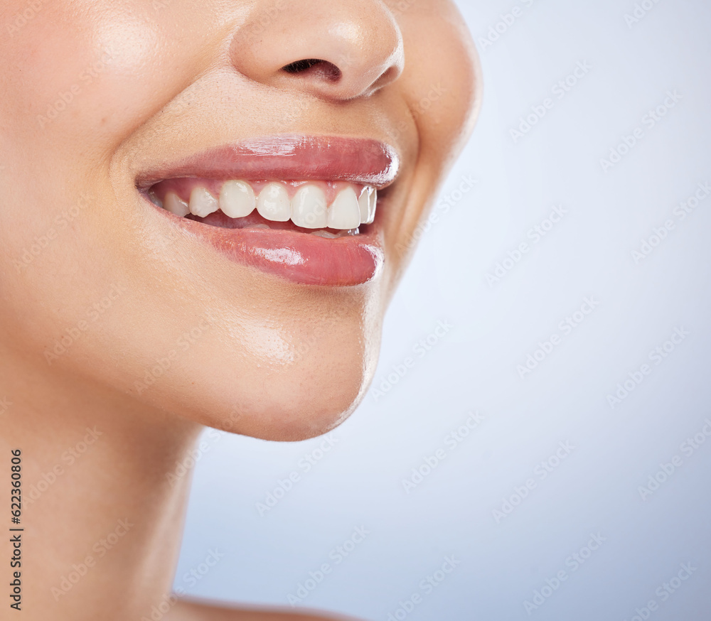 Dental, mouth and woman half in studio with smile for beauty, cosmetics or teeth whitening on white 