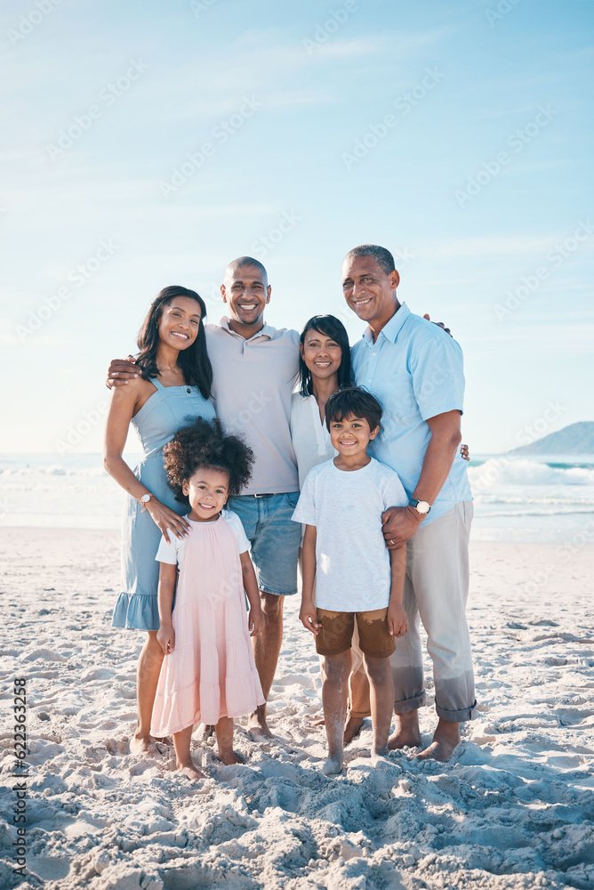 Beach, happy and portrait of a big family on a vacation, adventure or weekend trip for summer. Smile