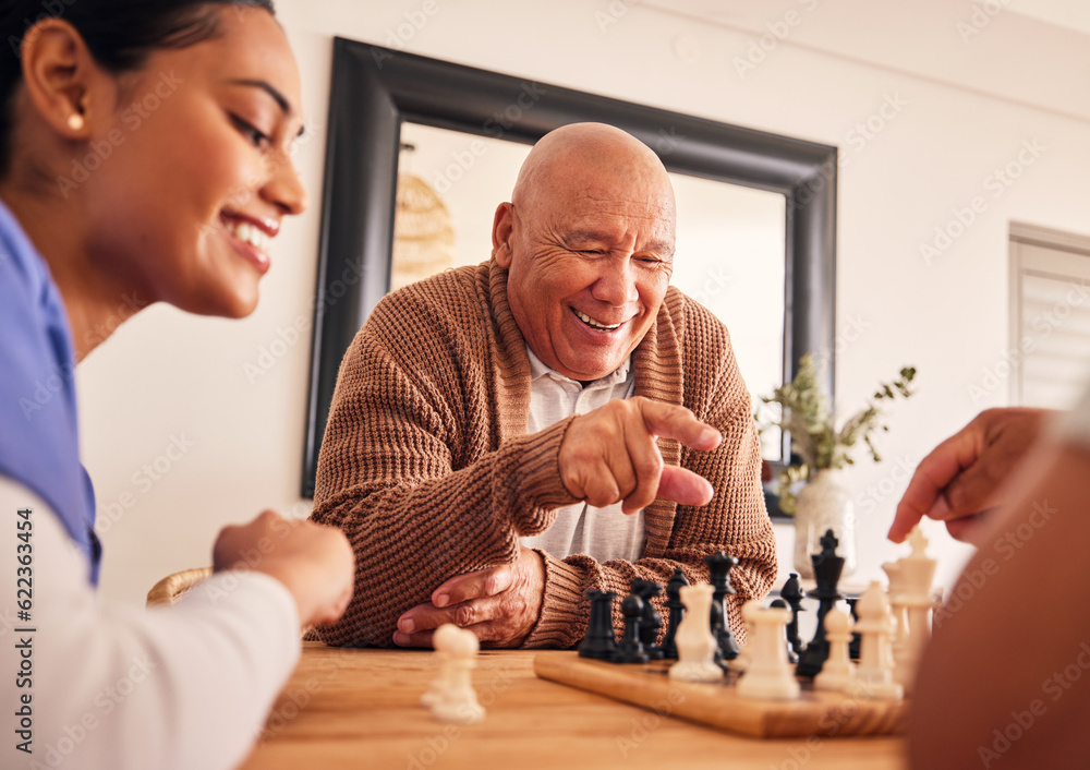 Senior man, nursing home and chess for game, competition and happy with friends, strategy and relax 