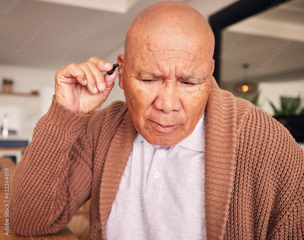 Senior man, hand and hearing aid for ears, health and wellness for retirement in nursing home. Elder