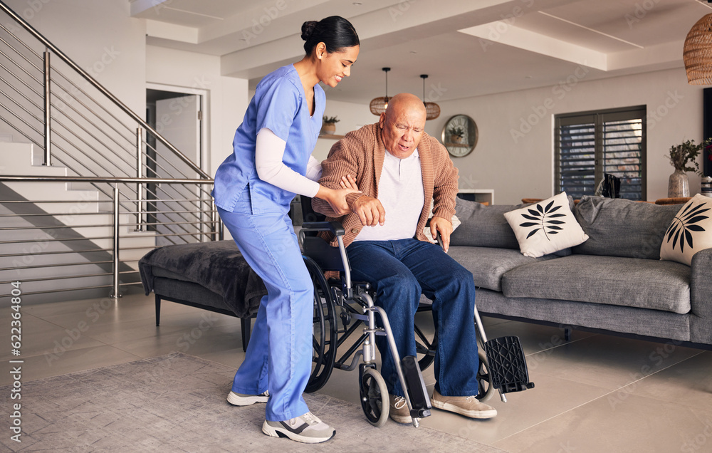 Nurse helping man in wheelchair, home and trust for medical service, physical therapy and support in