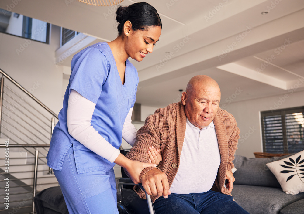 Happy woman, man in wheelchair and support in nursing home for medical service, physical therapy and