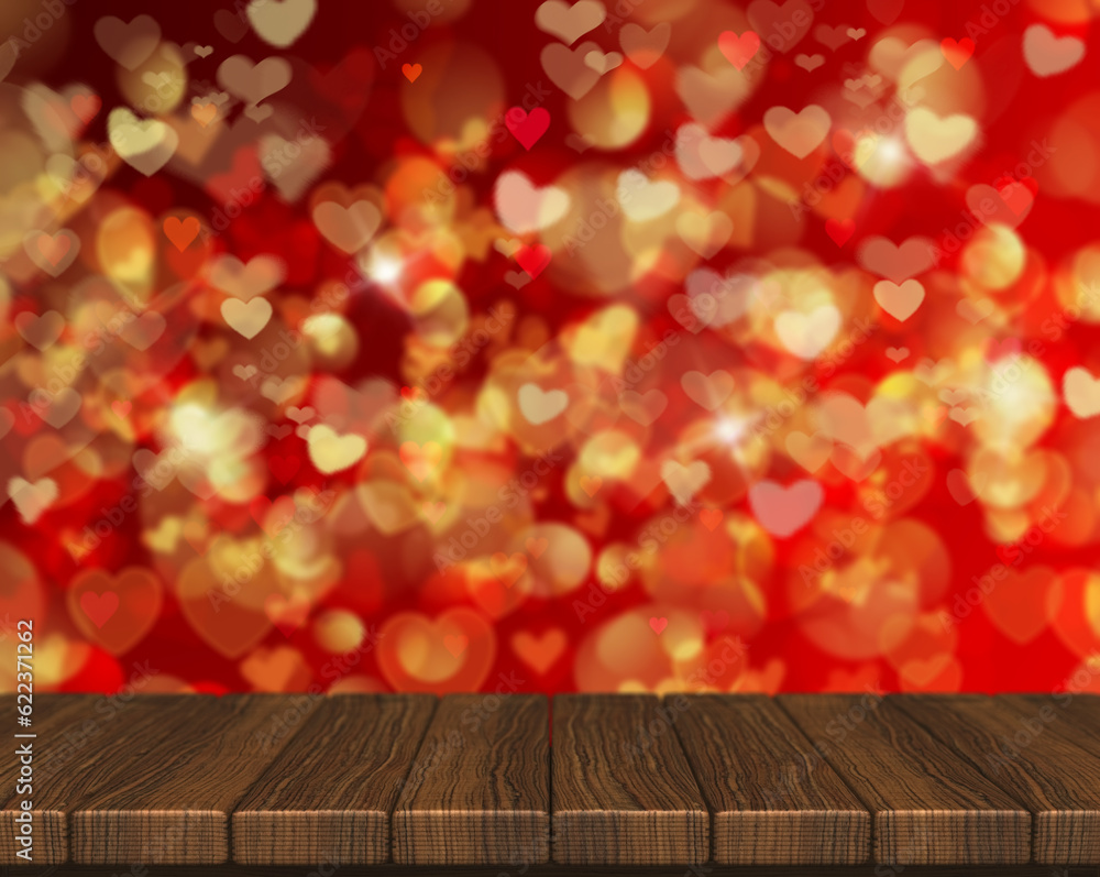 3D render of a Valentines Day background with wooden table looking out to heart shaped bokeh lights