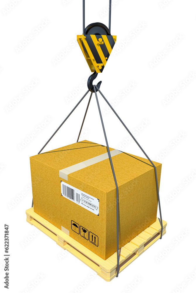 Pallet with cardboard lifted by crane. 3d illustration