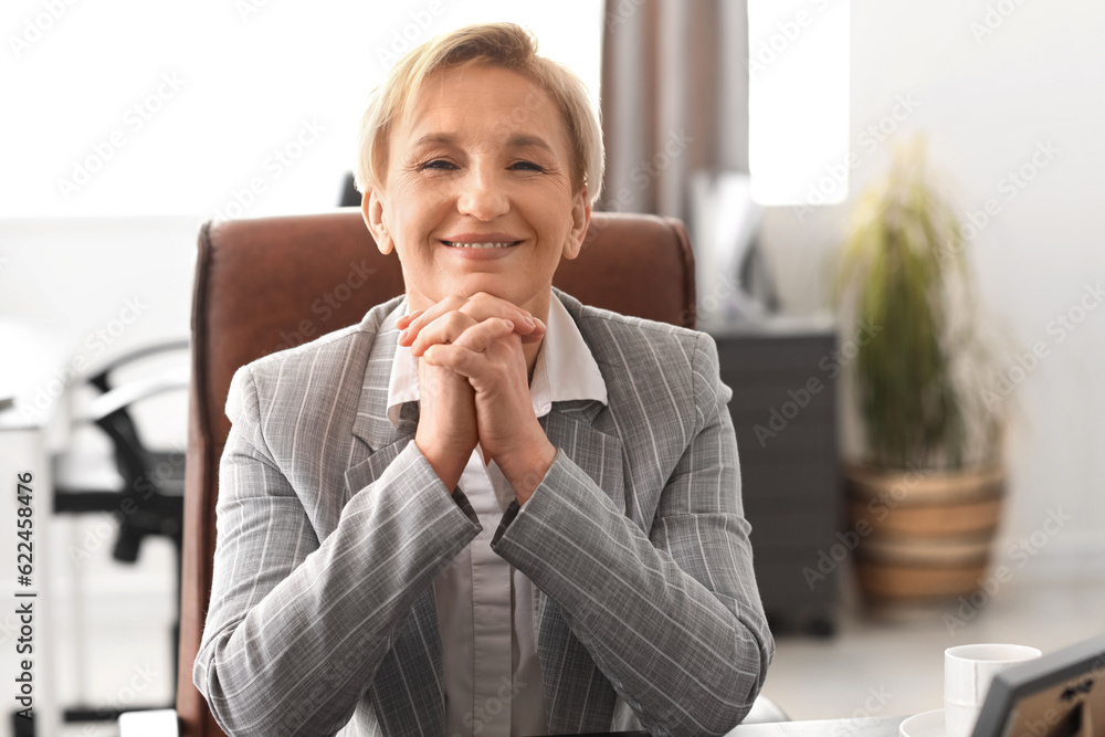 Happy mature businesswoman at workplace in office