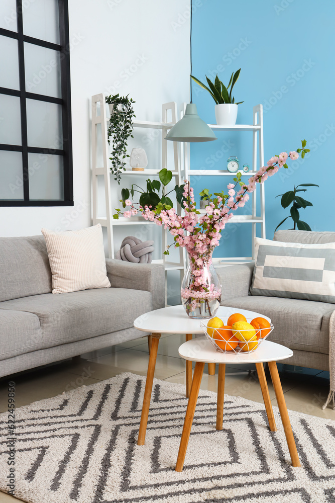 Interior of stylish living room with grey sofas and blooming sakura branches on coffee table