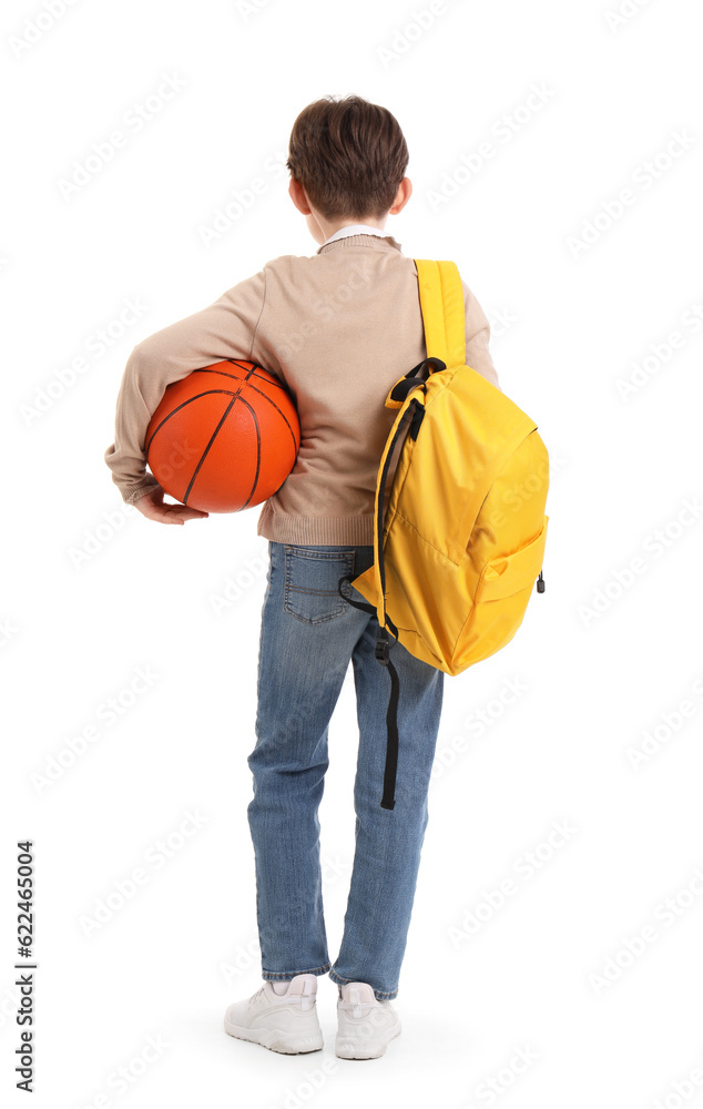 Little boy with schoolbag and ball on white background, back view