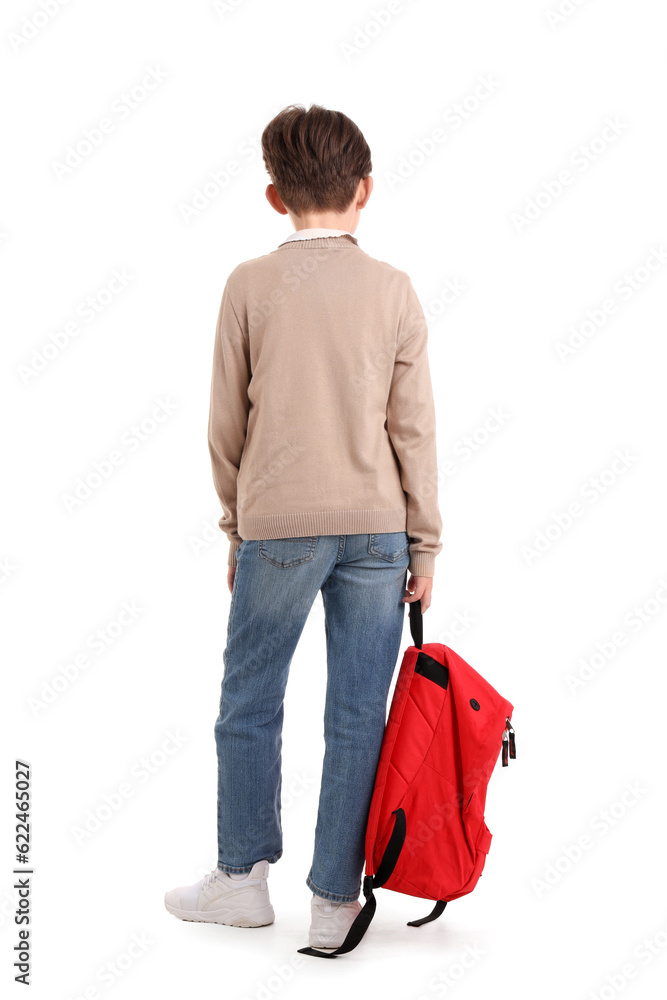 Little boy with schoolbag on white background, back view