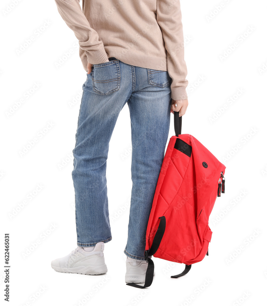 Little boy with schoolbag on white background, back view