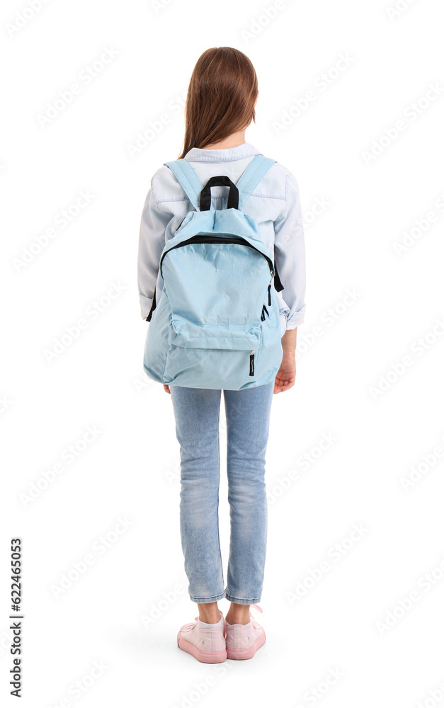 Little girl with schoolbag on white background, back view