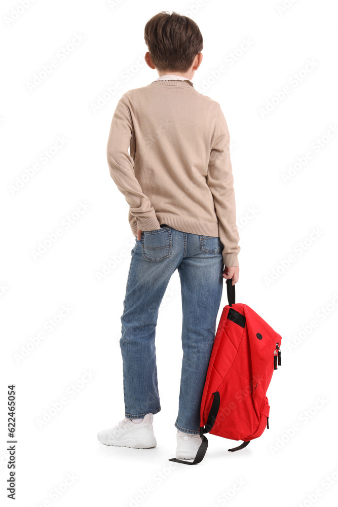 Little boy with schoolbag on white background, back view