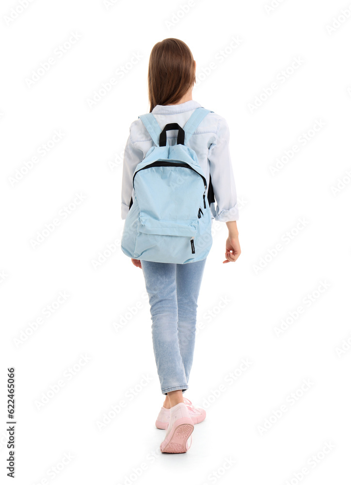 Little girl with schoolbag on white background, back view