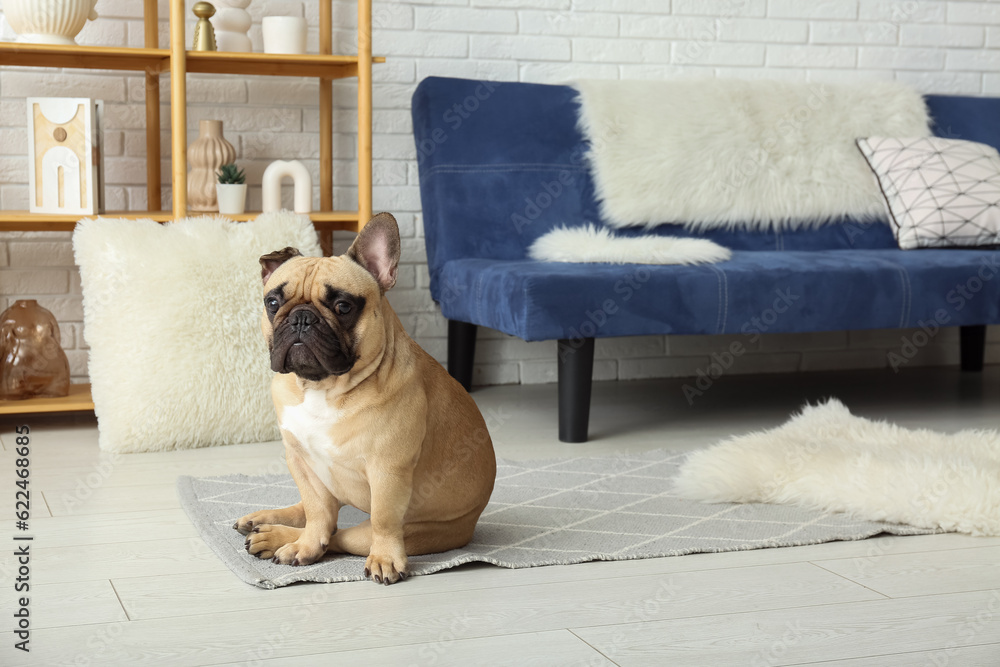 Cute French bulldog on carpet in living room