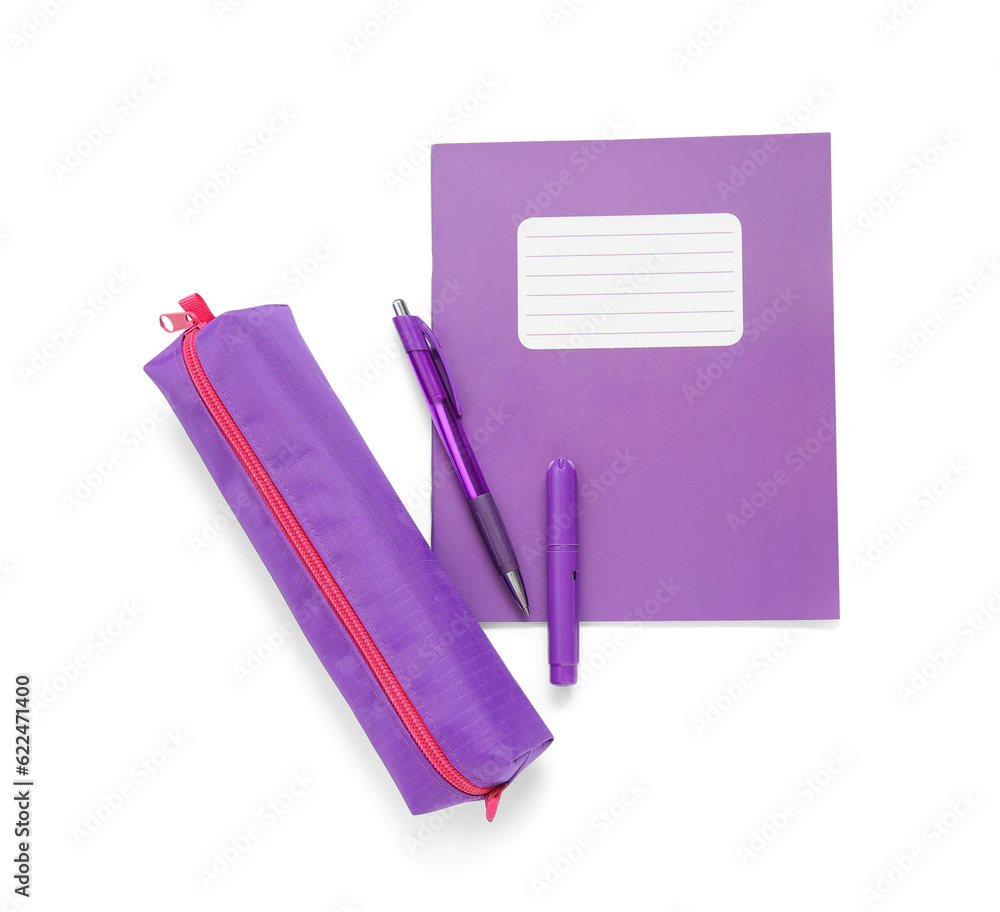 Purple notebook with pencil case, pen and marker isolated on white background