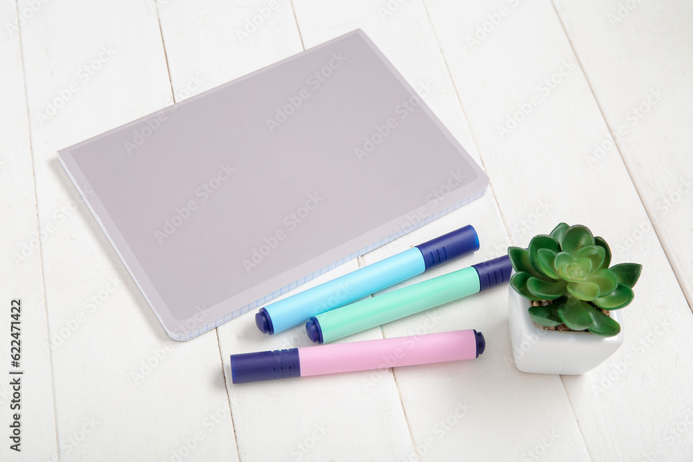 Notebook with markers and houseplant on white wooden background