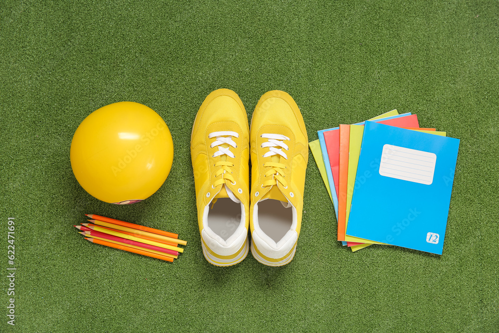 Sneakers with ball and stationery on color background