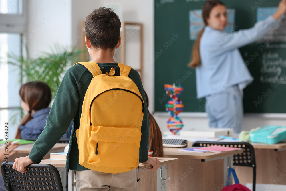 Little boy with backpack in classroom, back view