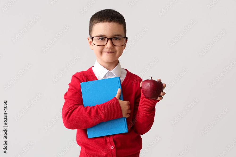 Little schoolboy with book and apple on grey background