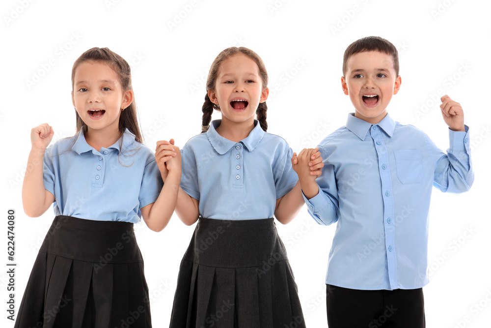 Happy little schoolchildren on  white background