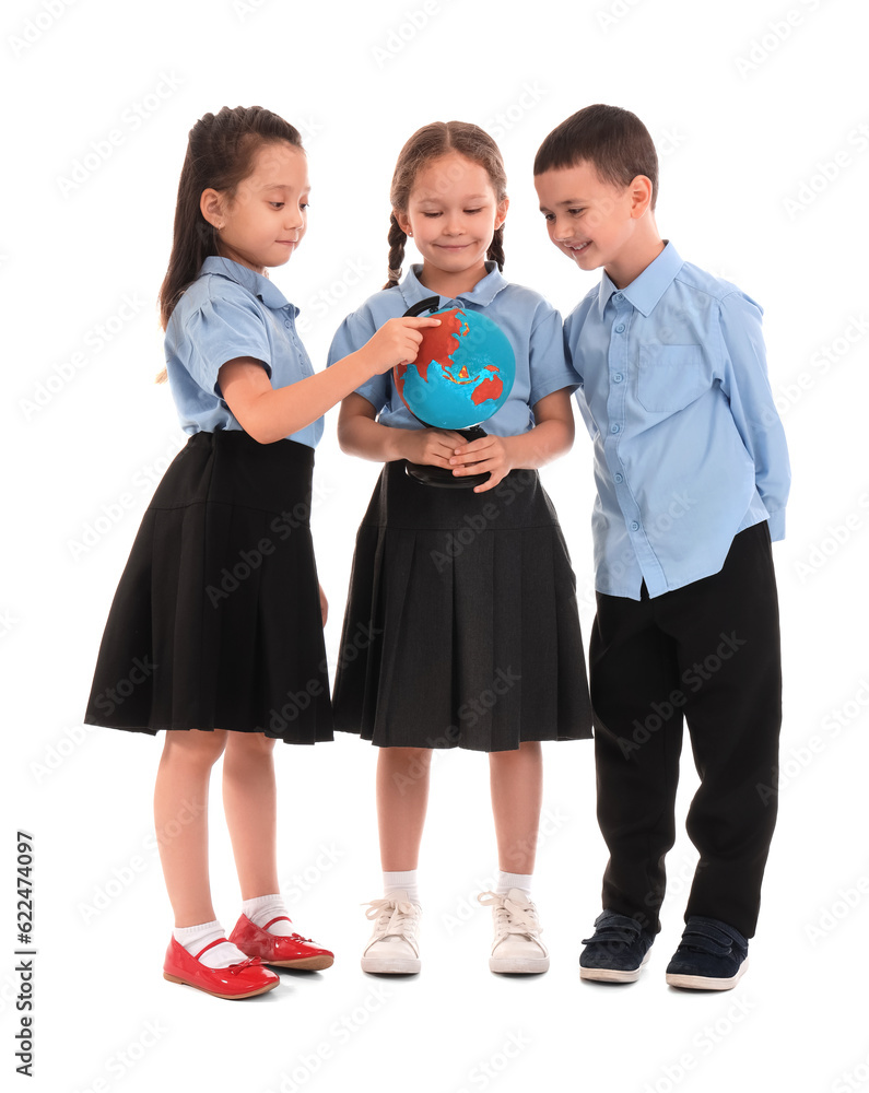 Little schoolchildren with globe on white background